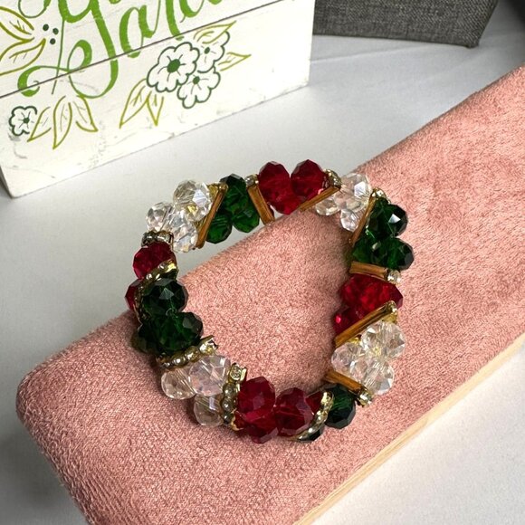 Holiday-Inspired Stretch Bracelet With Red Green & Clear Beaded Design Golden - Picture 4 of 6